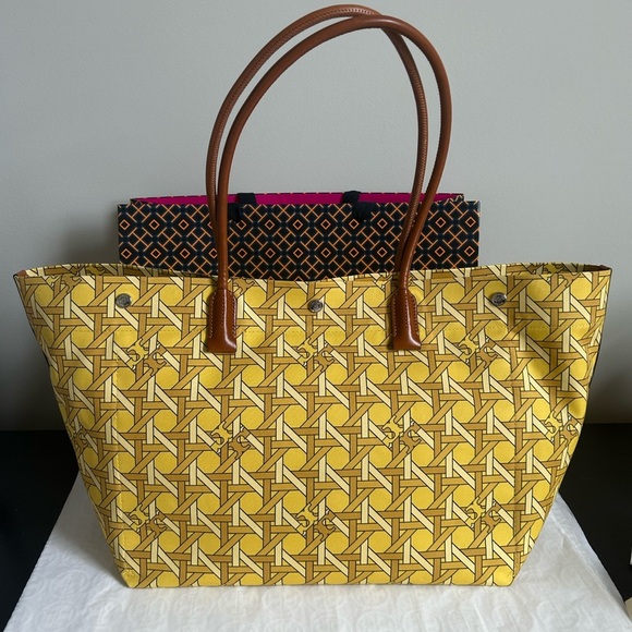 Tory Burch Canvas Basketweave Tote Bag Saffron Basketweave Gold Yellow Brown - Picture 2 of 10